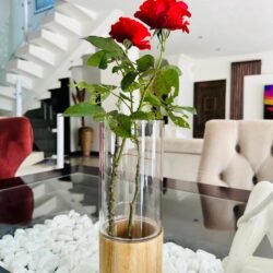 Acrylic vase_beige wood stand_dining table_stairs view
