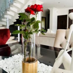 Acrylic vase_beige wood stand_dining table_stairs view_V2