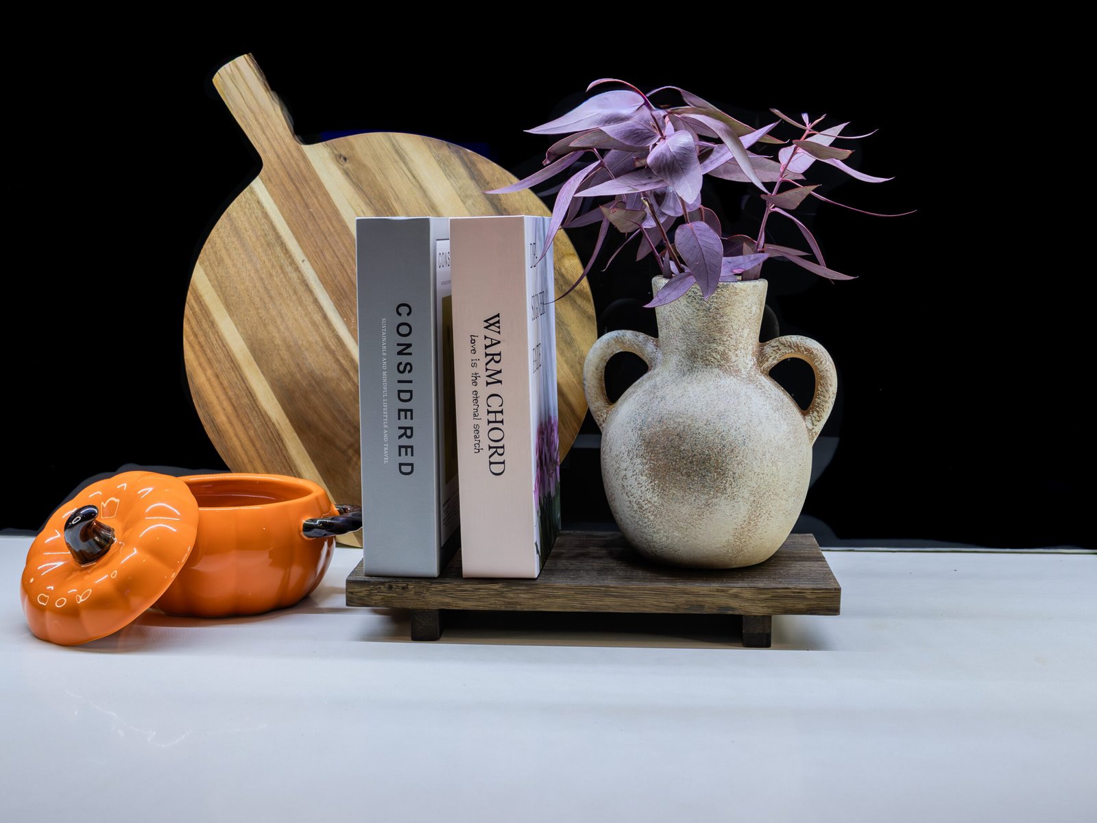 Brown display tray_books_orange_rustic