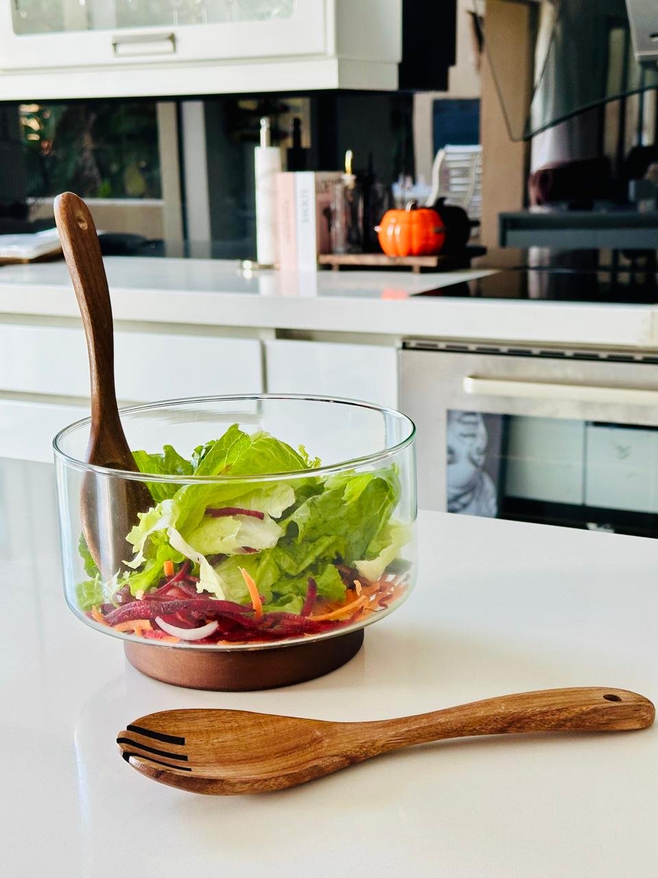 Salad Bowl with Wooden Base Excluding Tongs